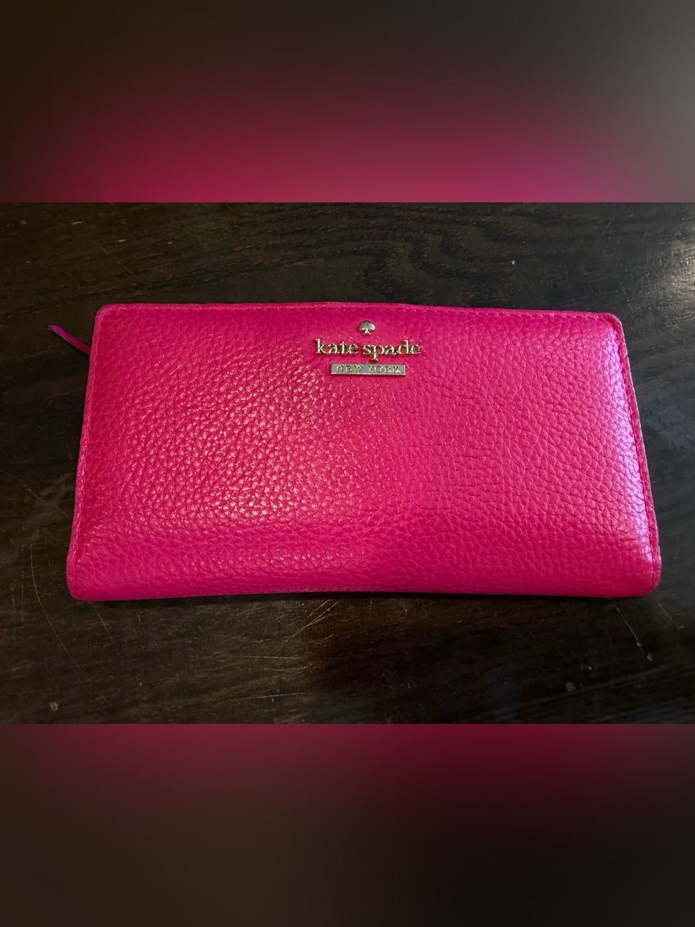kate spade Hot Pink Pebbled Leather Stacey Leather Zip Wallet GHW